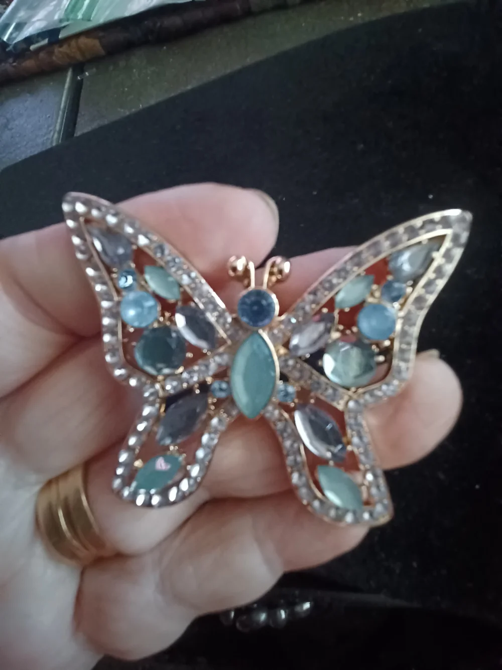 Napier Gold-Tone Butterfly Brooch with Mint, Light Blue and Gray Stones - Picture 3 of 3